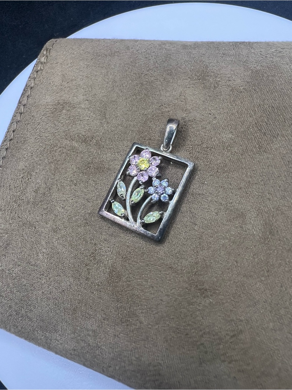 Floral Rectangular Pendant Necklace in Pastel Pink, Blue, Yellow and Green